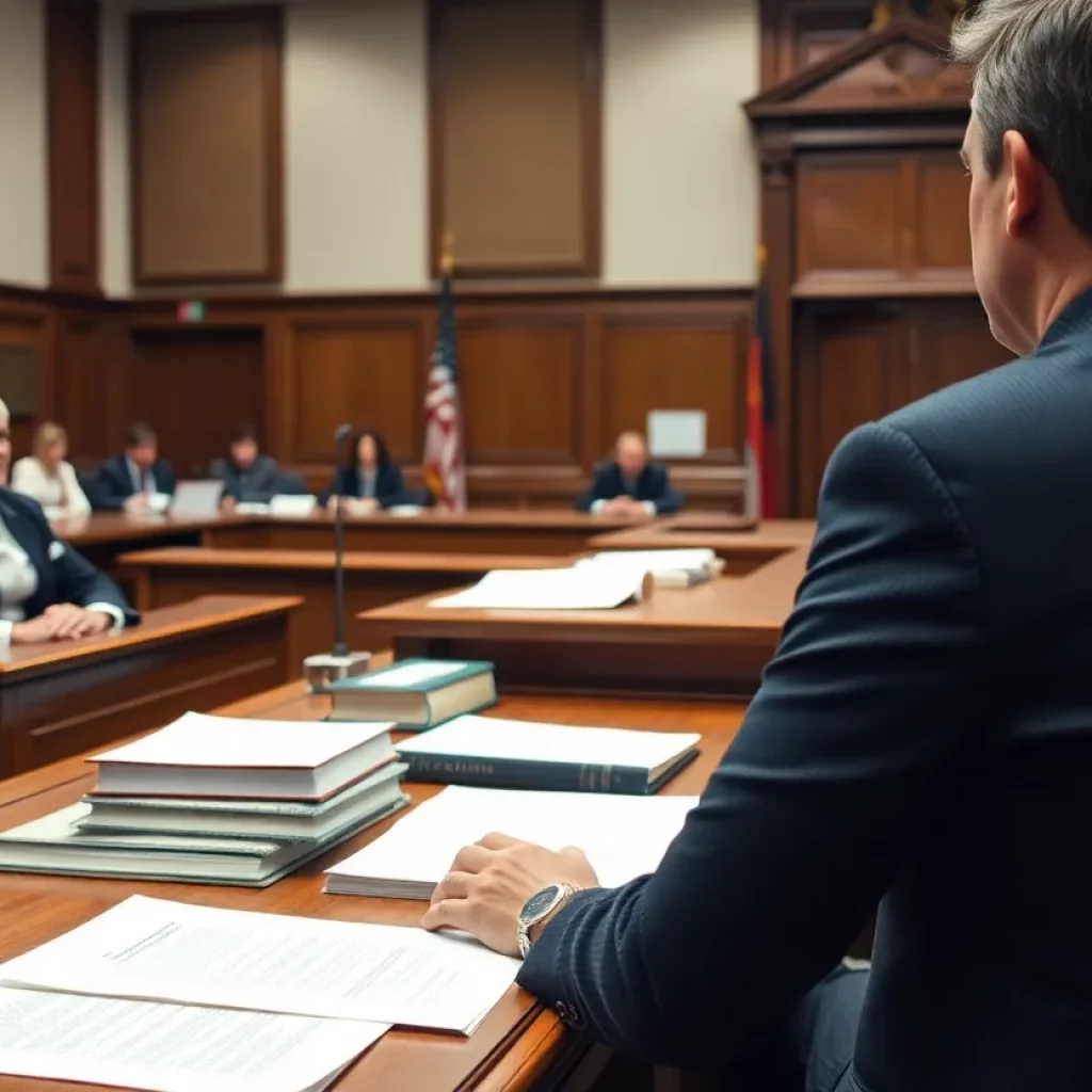 Courtroom scene with judge and attorneys during the Oxford shooting case