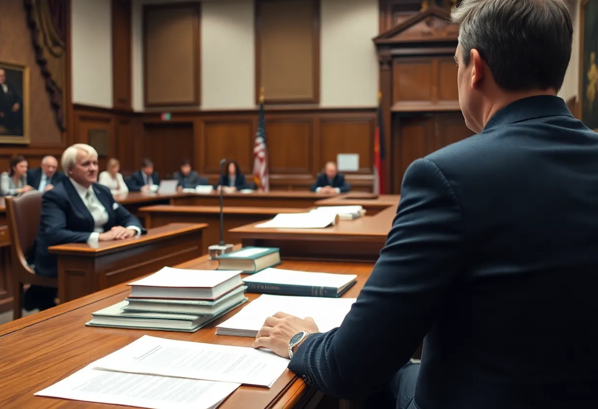 Courtroom scene with judge and attorneys during the Oxford shooting case