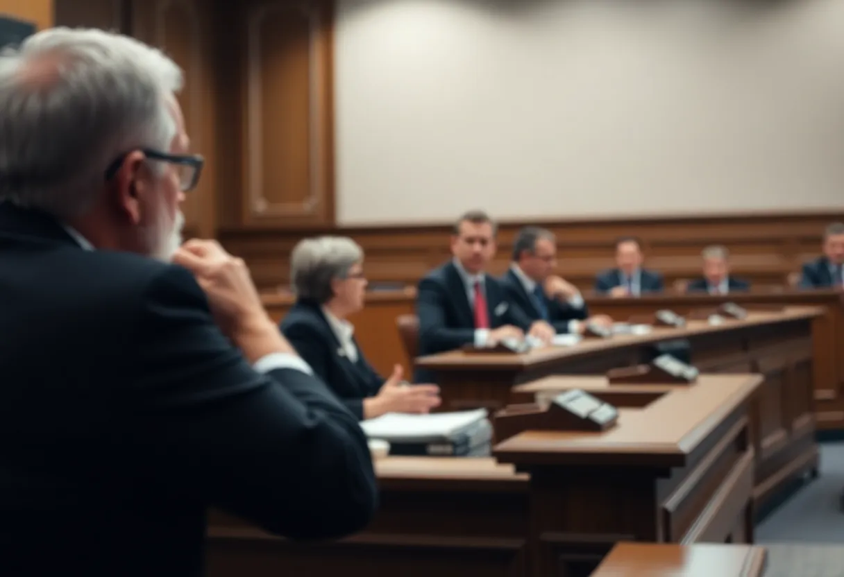 A courtroom setting discussing RICO claims and legal implications.