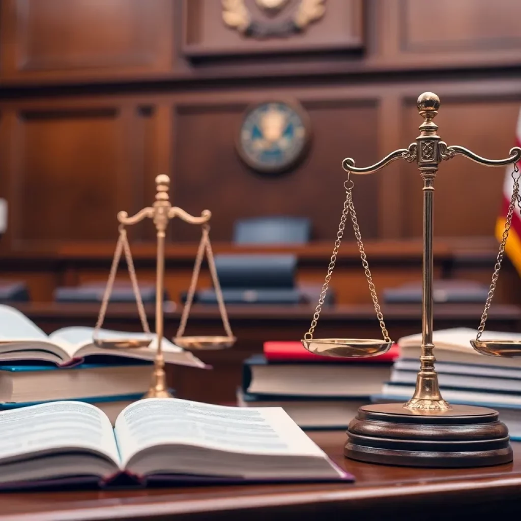 Courtroom with law books and scales of justice