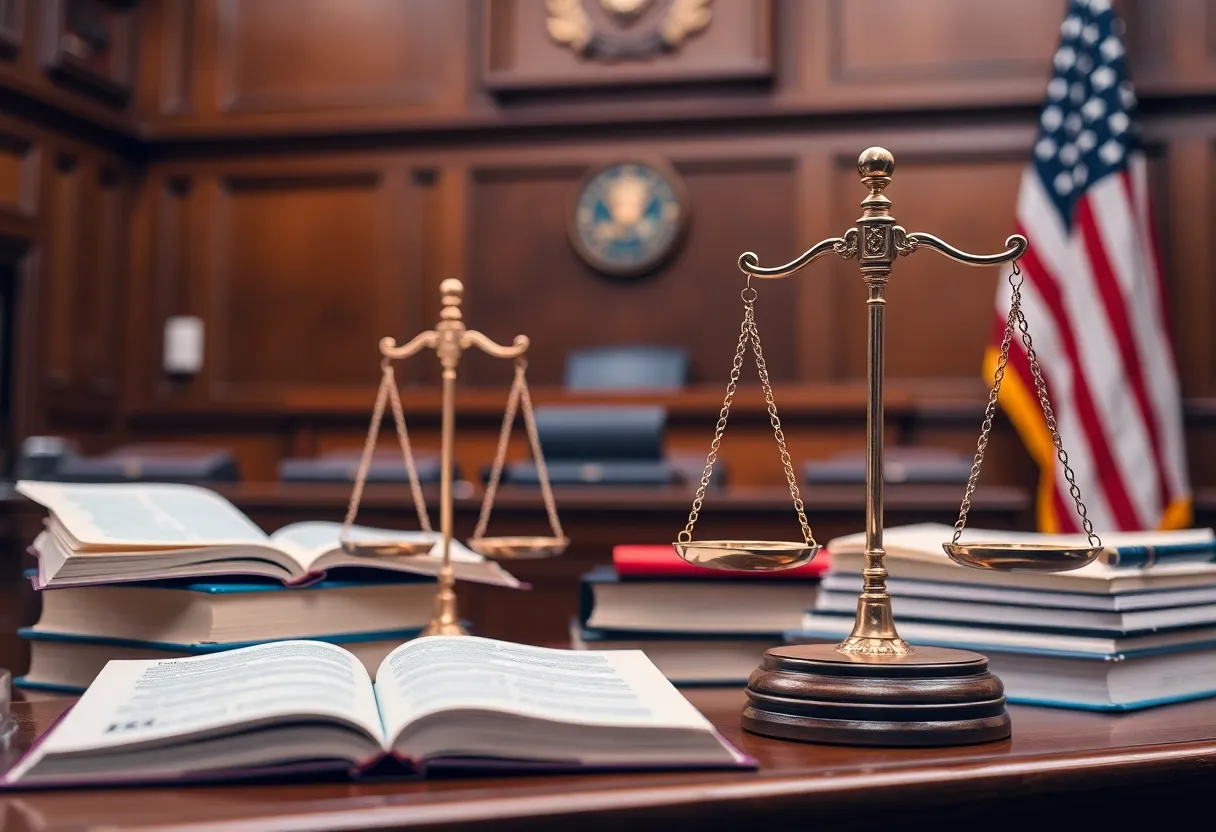 Courtroom with law books and scales of justice