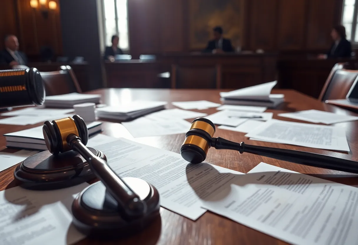 A courtroom environment showcasing tension and legal proceedings.