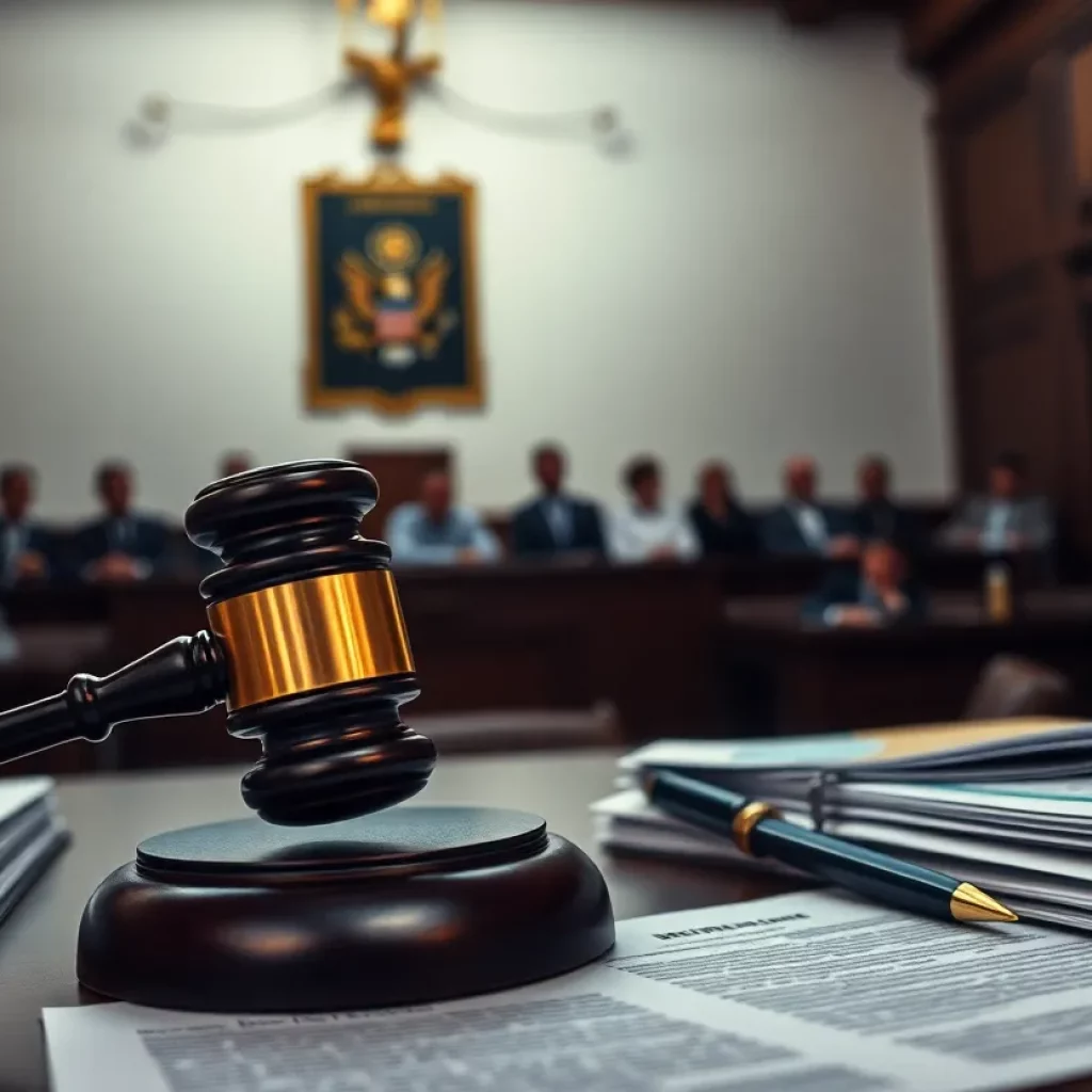 An artistic interpretation of a courtroom during a high-stakes legal battle.