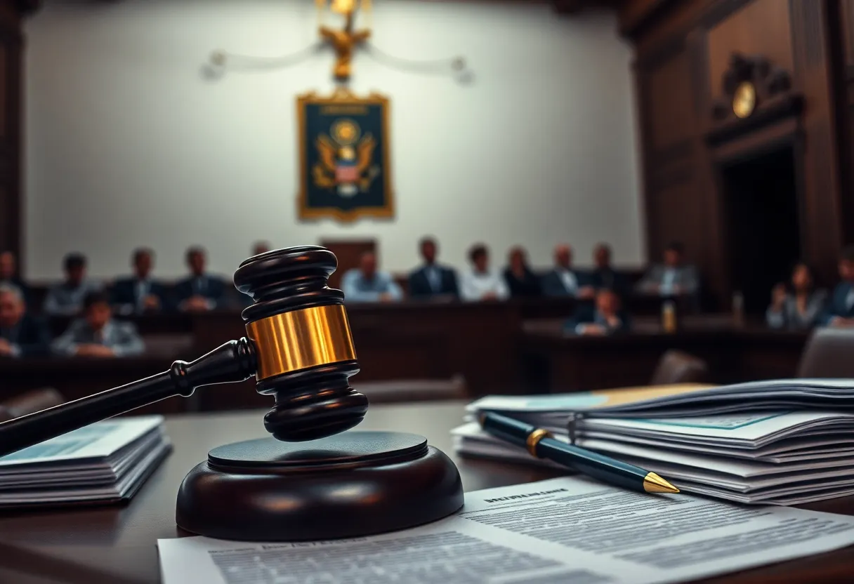 An artistic interpretation of a courtroom during a high-stakes legal battle.