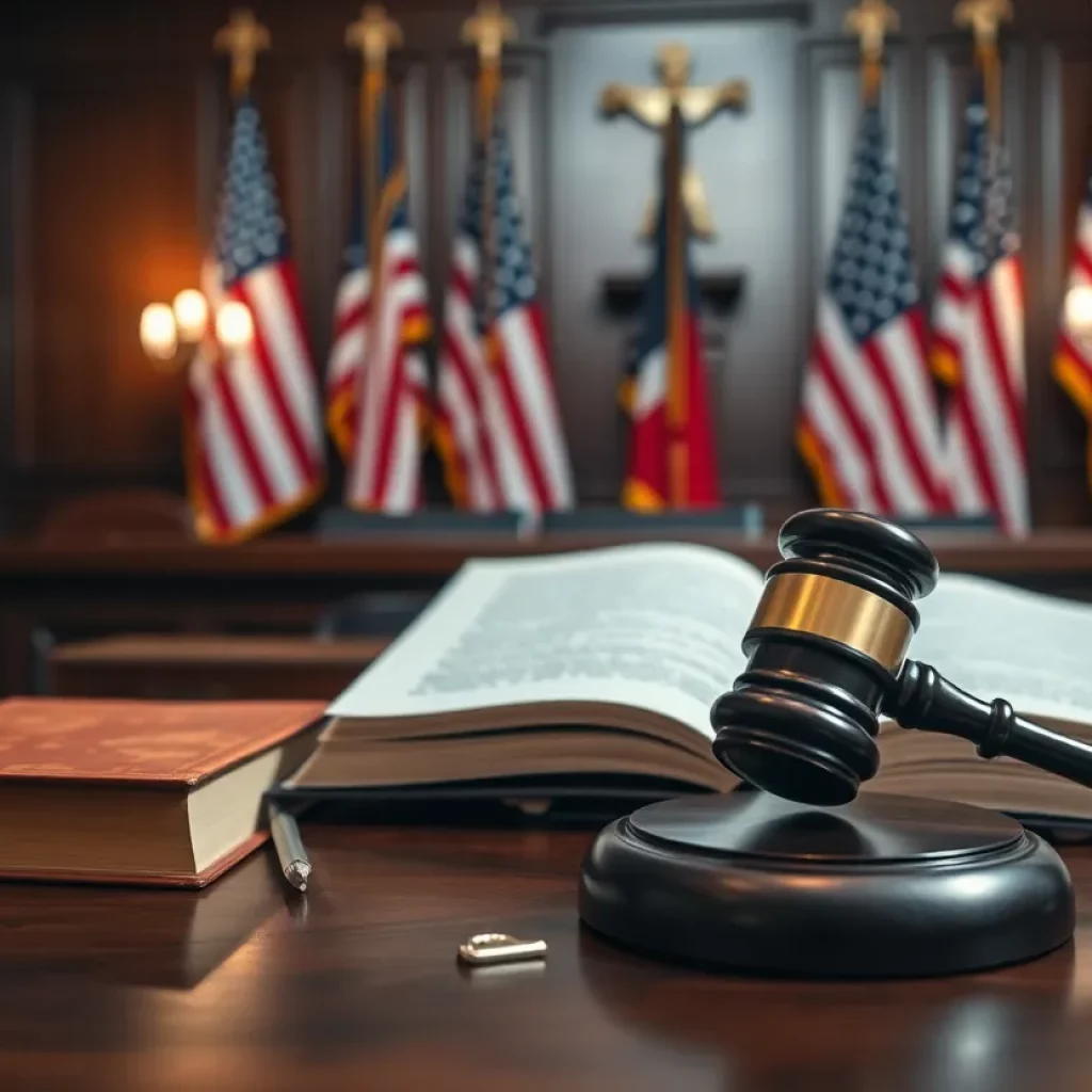 A courtroom scene with legal books and a gavel, representing political tension.