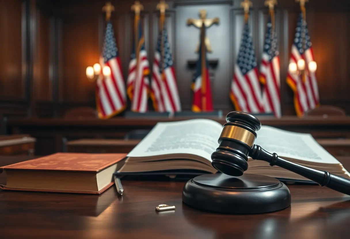 A courtroom scene with legal books and a gavel, representing political tension.
