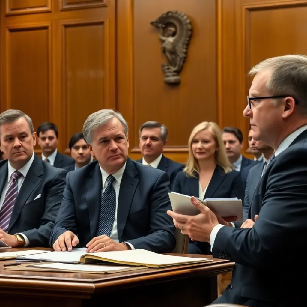 Courtroom setting under tension with legal professionals