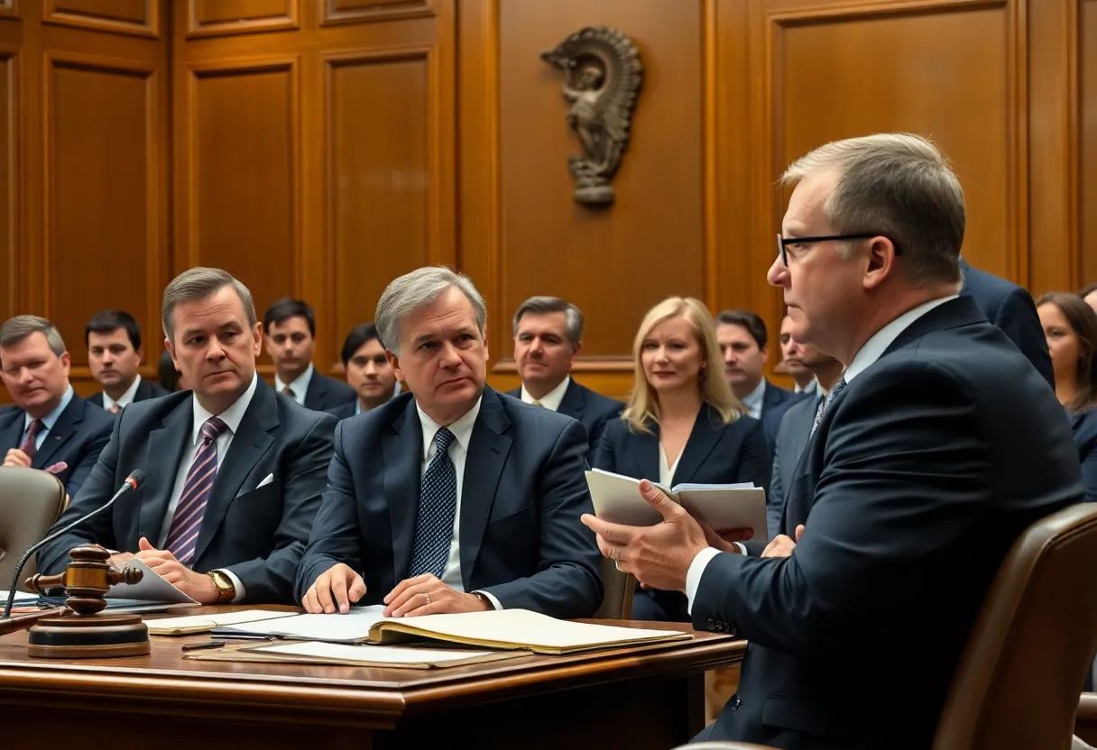 Courtroom setting under tension with legal professionals