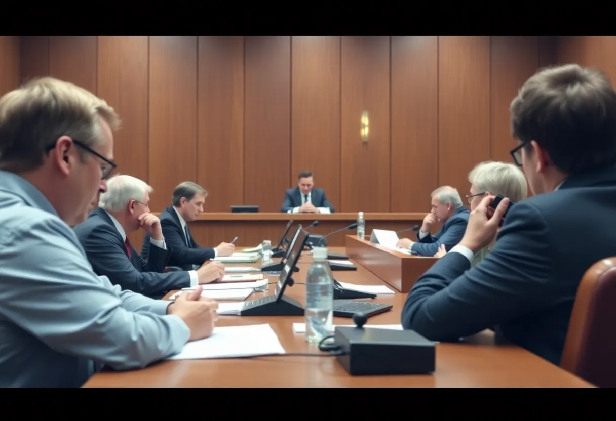 A courtroom scene depicting a legal case regarding toll lane violations.