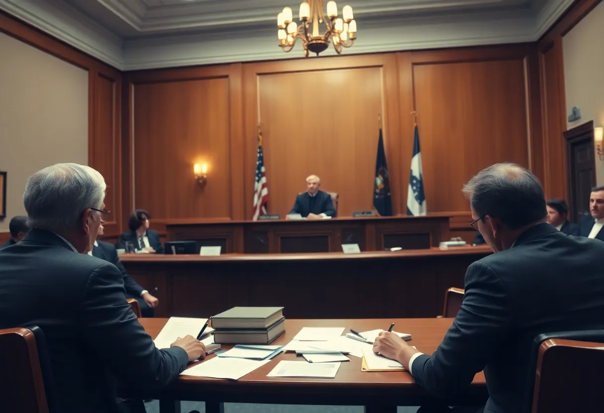 A tense courtroom during a legal dispute over a whistleblower case.