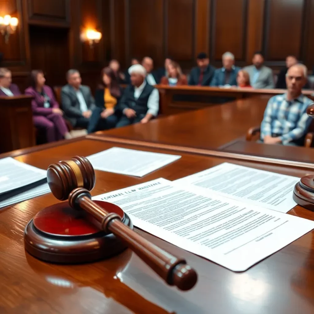 A courtroom setting with legal documents on the table related to Johnson & Johnson talc lawsuit.