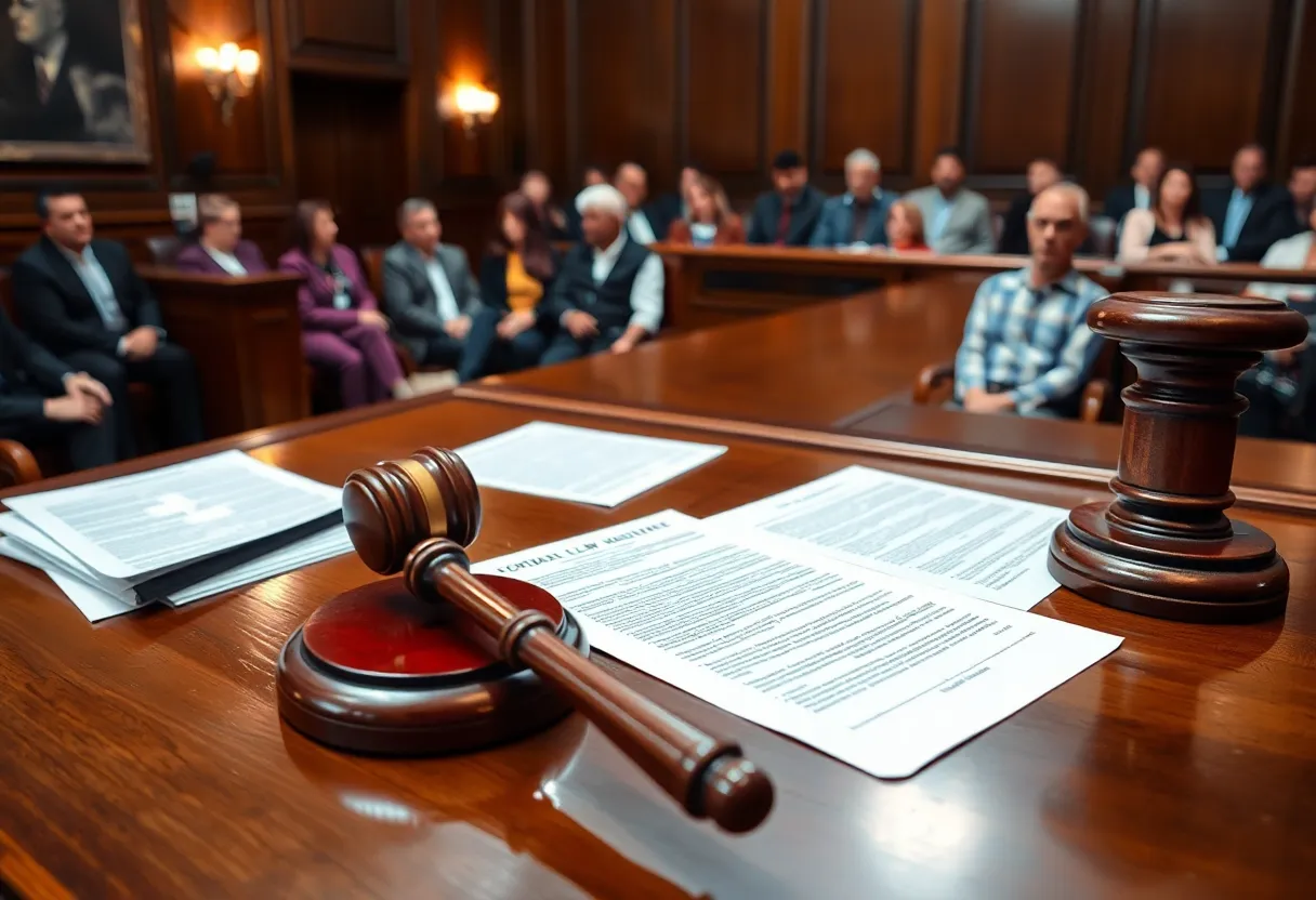 A courtroom setting with legal documents on the table related to Johnson & Johnson talc lawsuit.