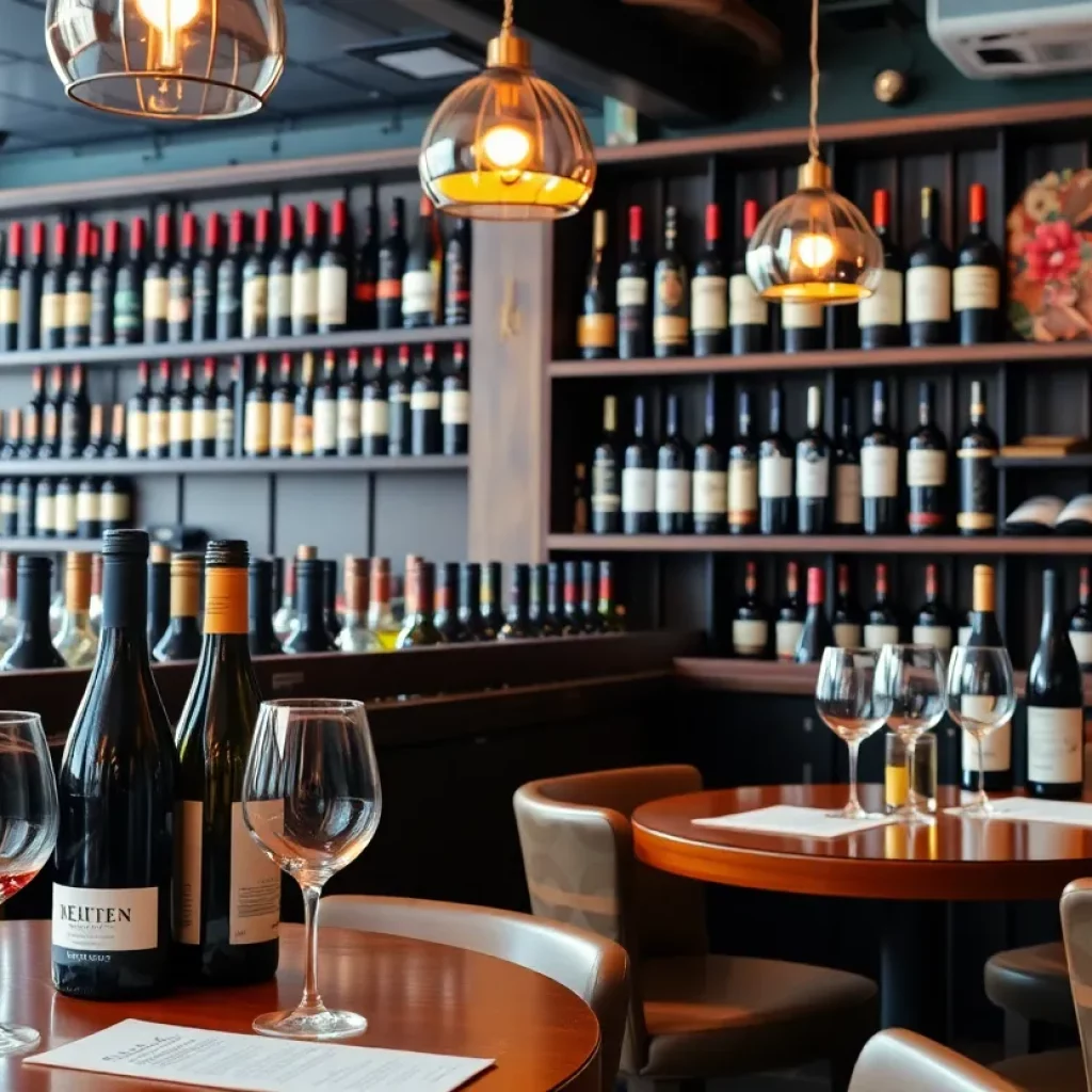 Interior of Dashi Wine Bar with wine bottles and dining tables