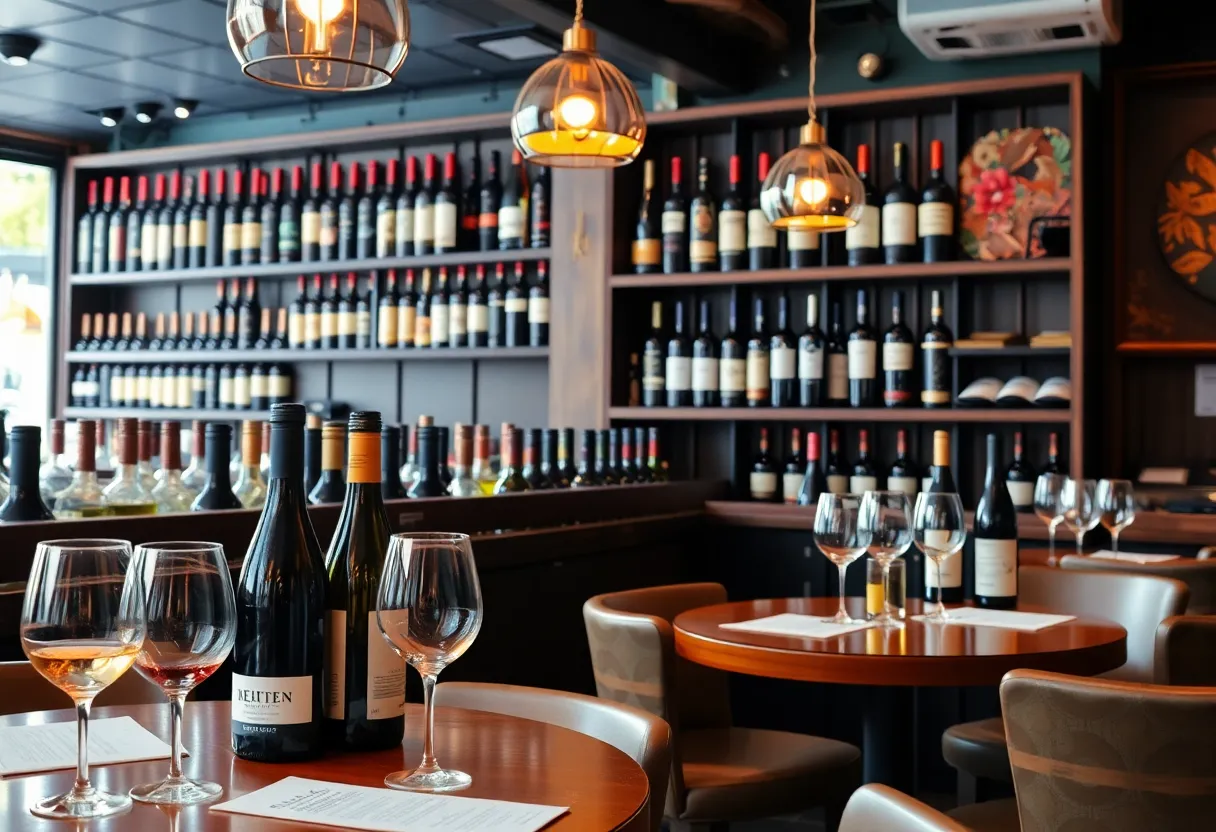 Interior of Dashi Wine Bar with wine bottles and dining tables