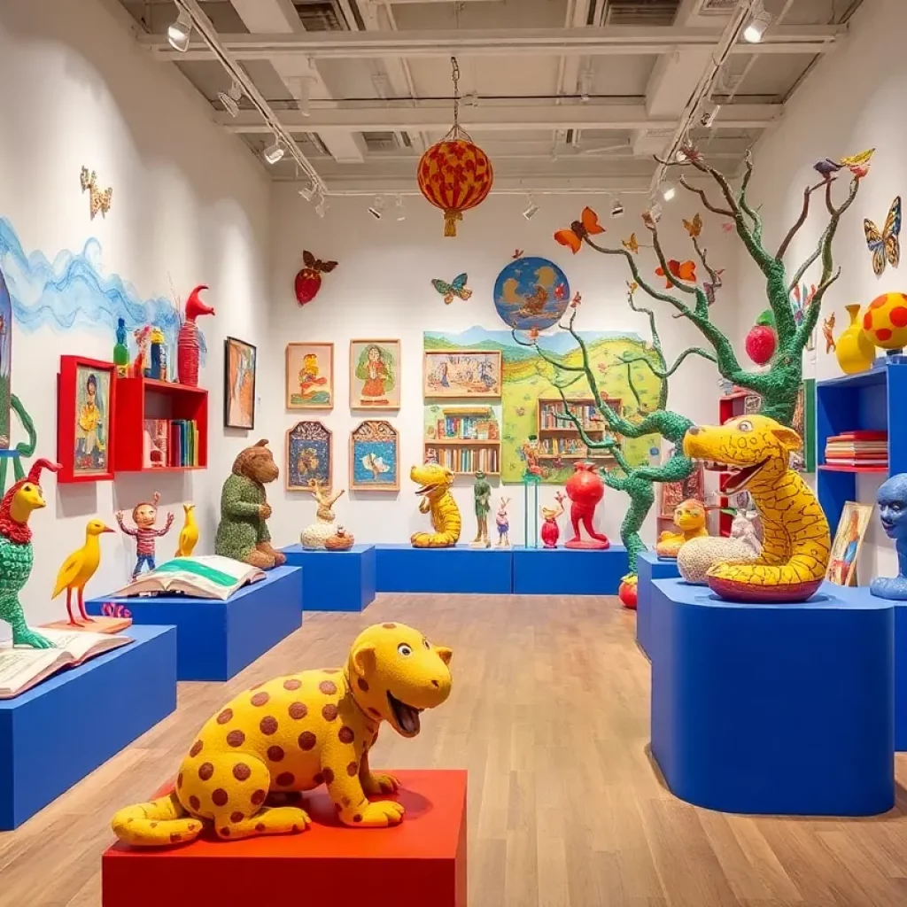 Art exhibit showcasing Dr. Seuss inspired artworks and sculptures