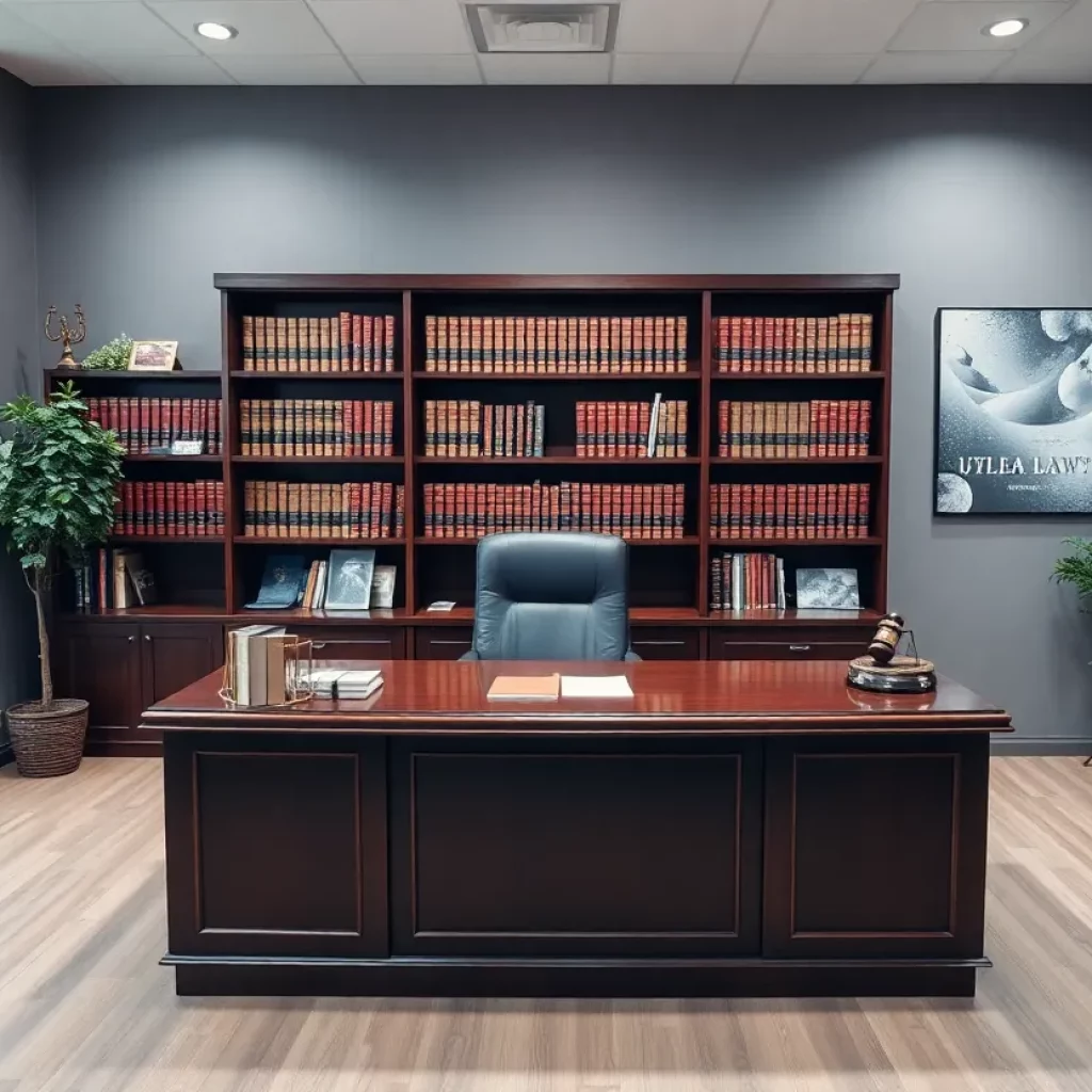 Interior view of a law office with legal books and a desk