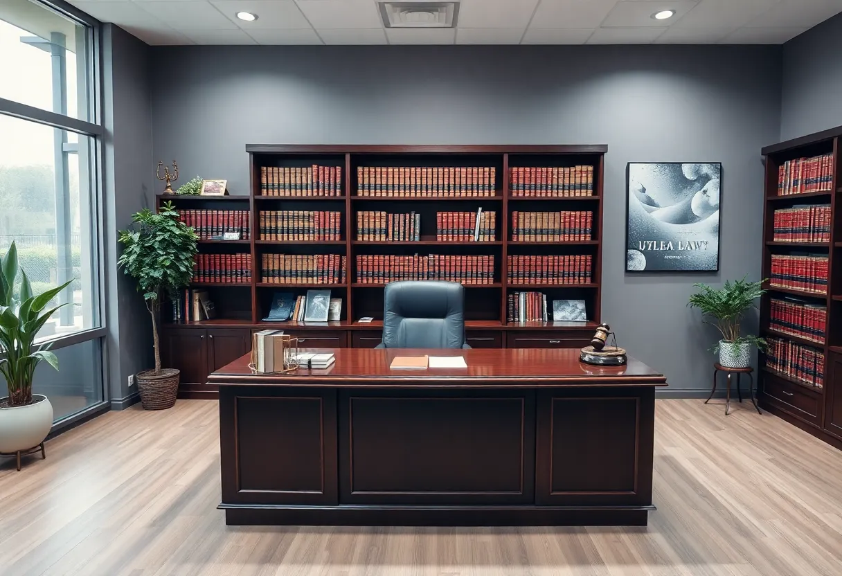Interior view of a law office with legal books and a desk