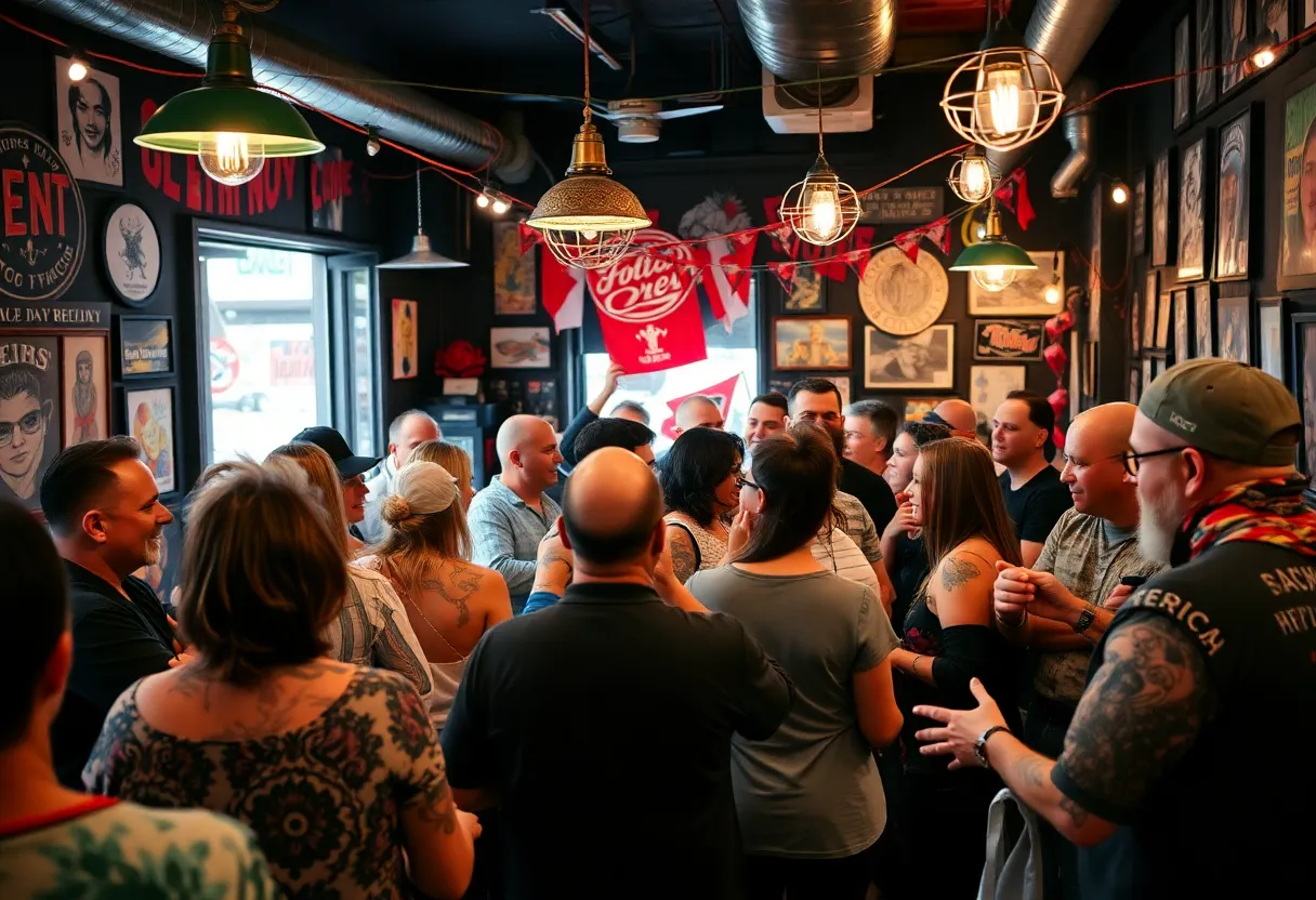 Celebration at Fade to Black Tattoo shop in Summerville with guests enjoying flash tattoos.