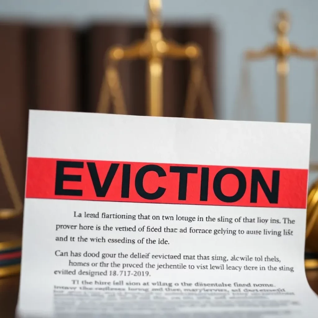 A close-up of a printed eviction notice with a watermark indicating it is forged.