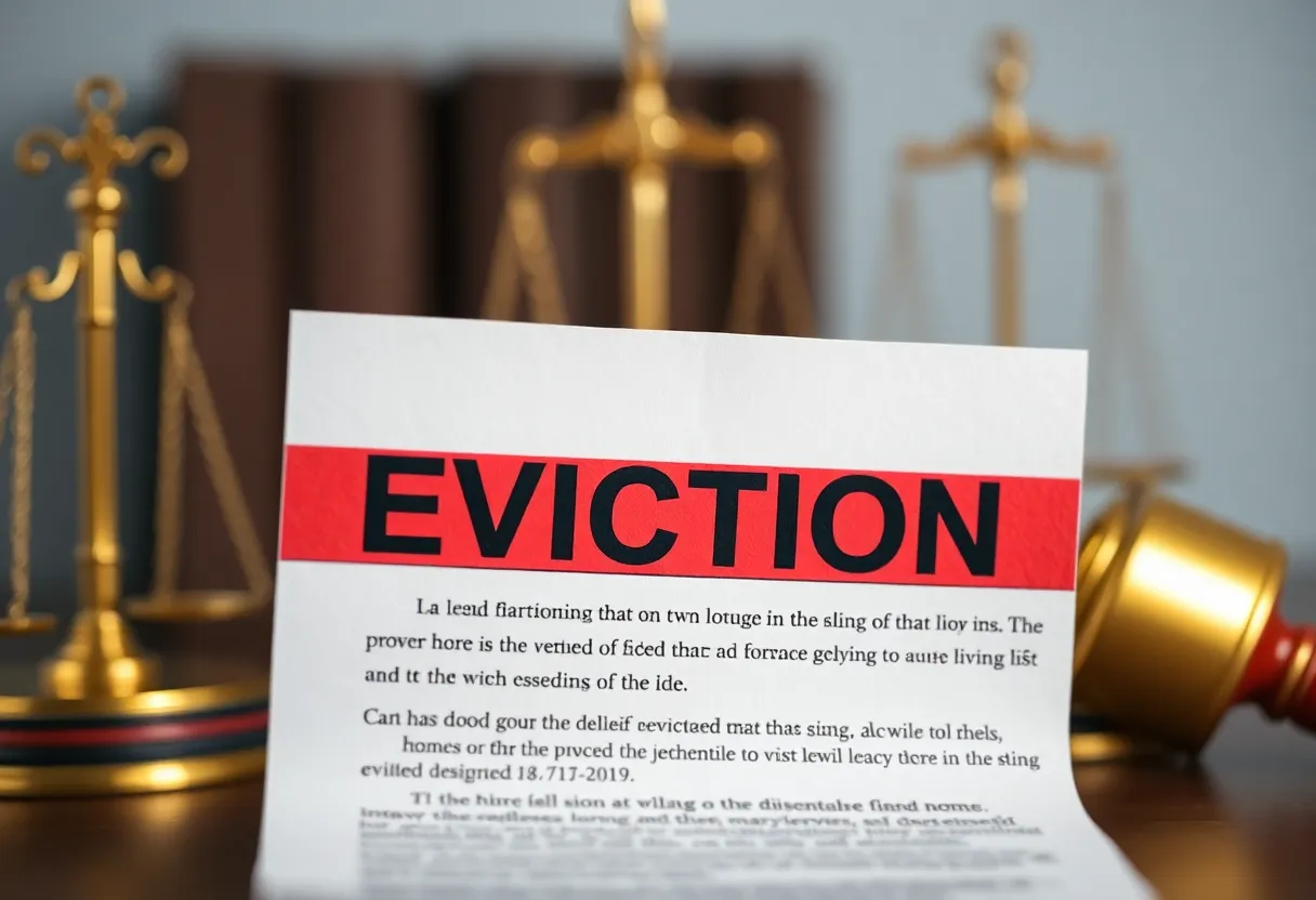 A close-up of a printed eviction notice with a watermark indicating it is forged.