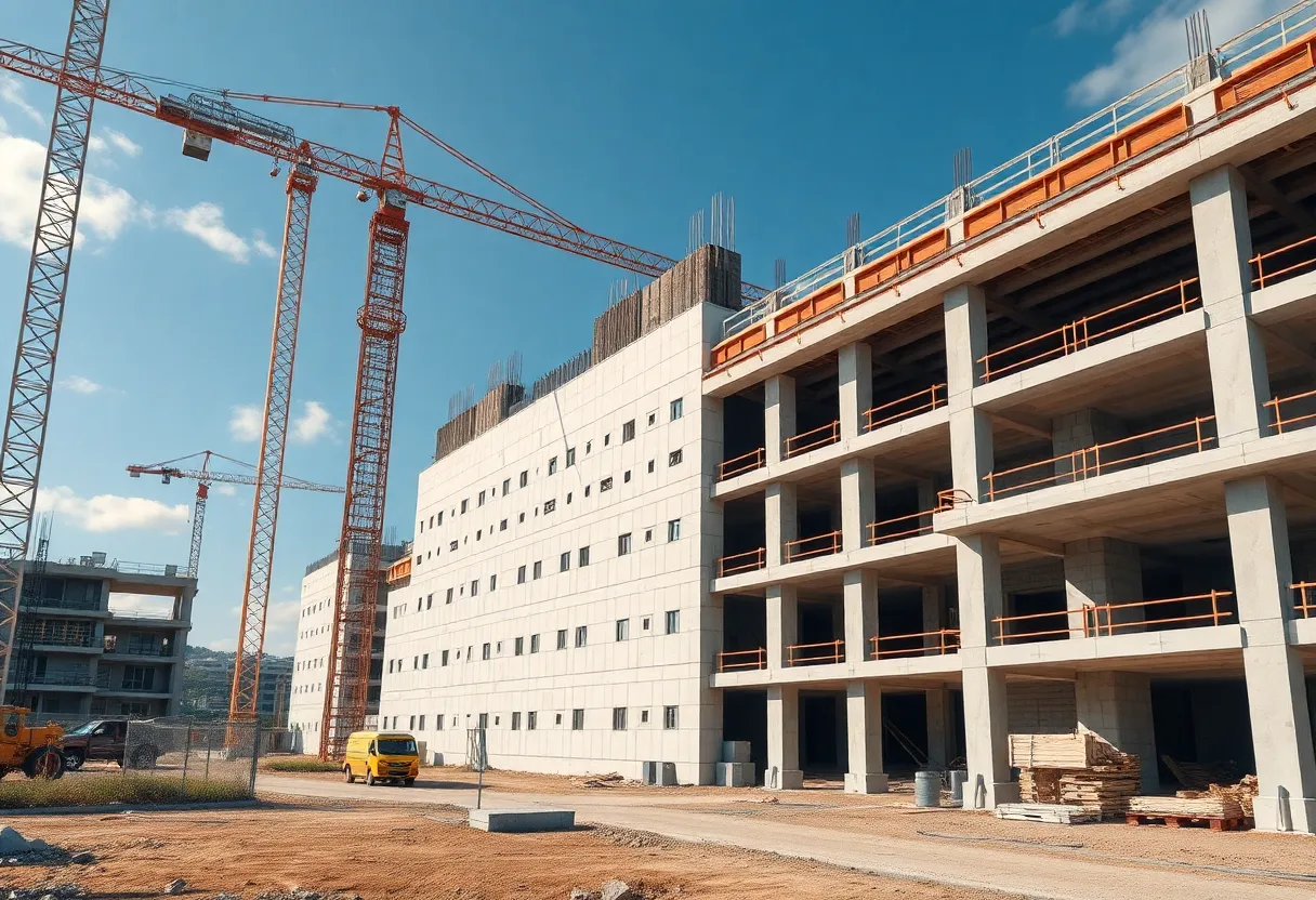 A modern construction site using precast concrete technology