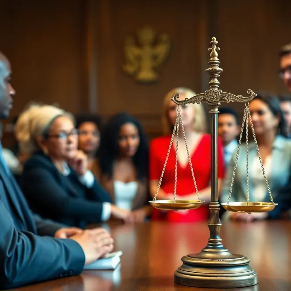 Scene of a courtroom with legal discussions