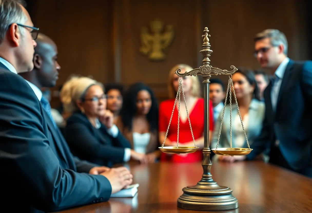 Scene of a courtroom with legal discussions