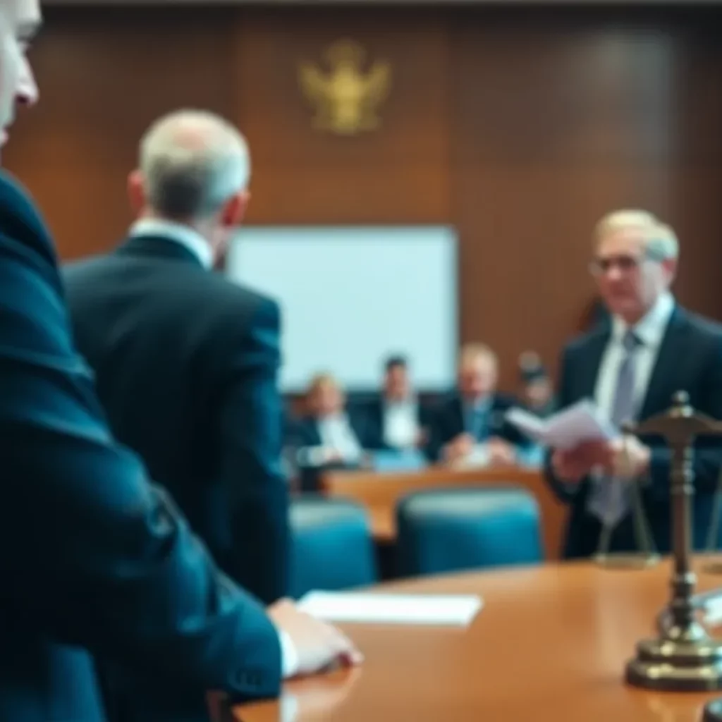 Courtroom with lawyers discussing complex legal matters