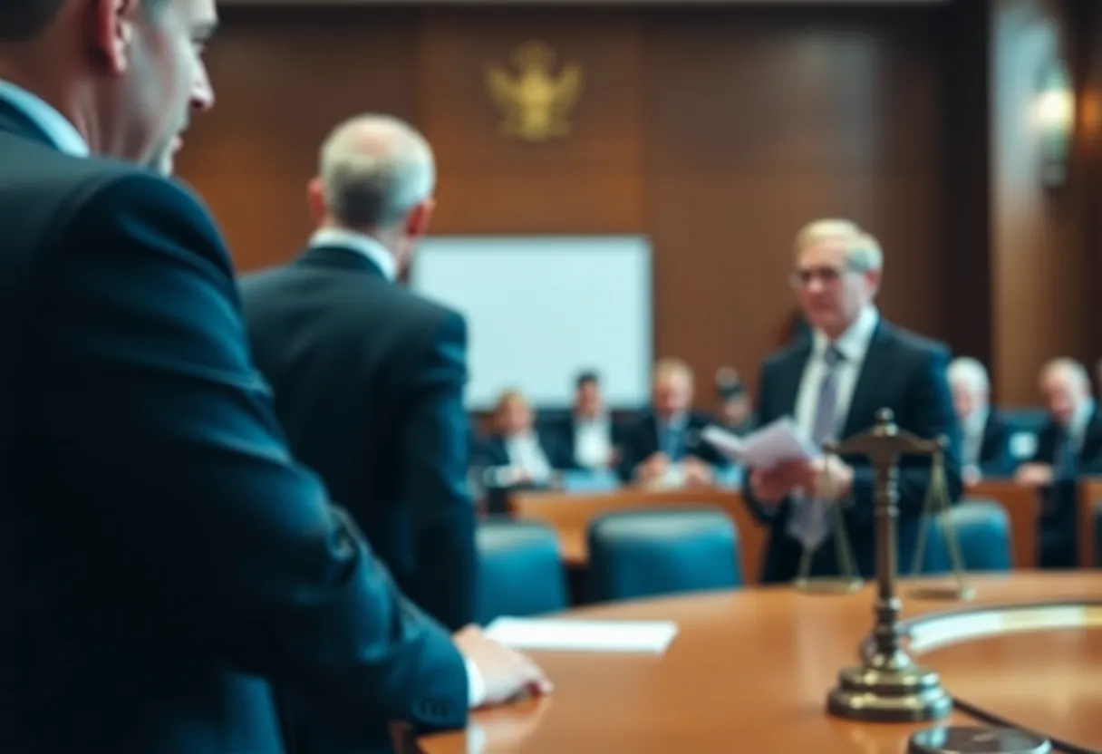 Courtroom with lawyers discussing complex legal matters