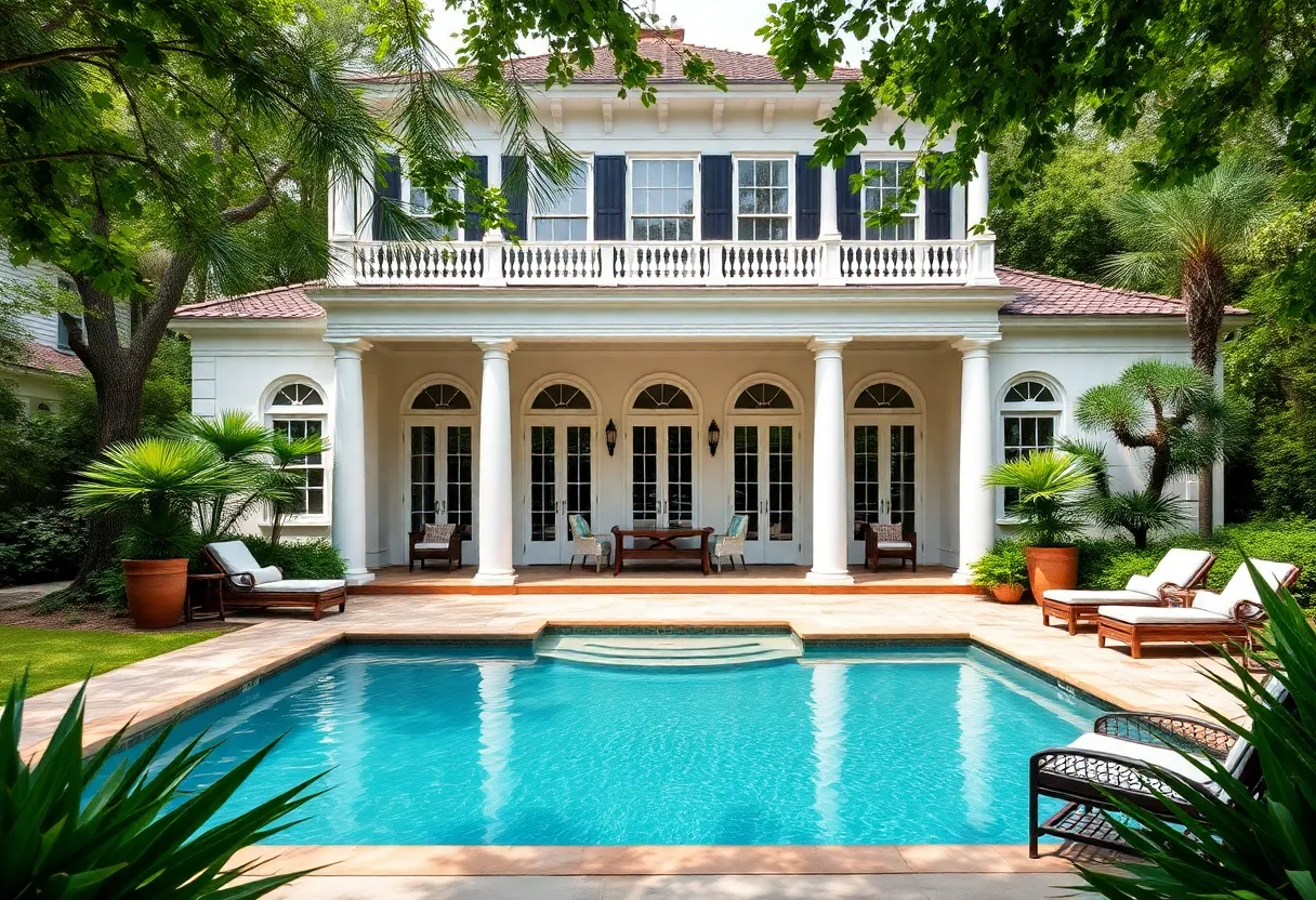 Exterior view of a historic home in Charleston with elegant architecture and a pool