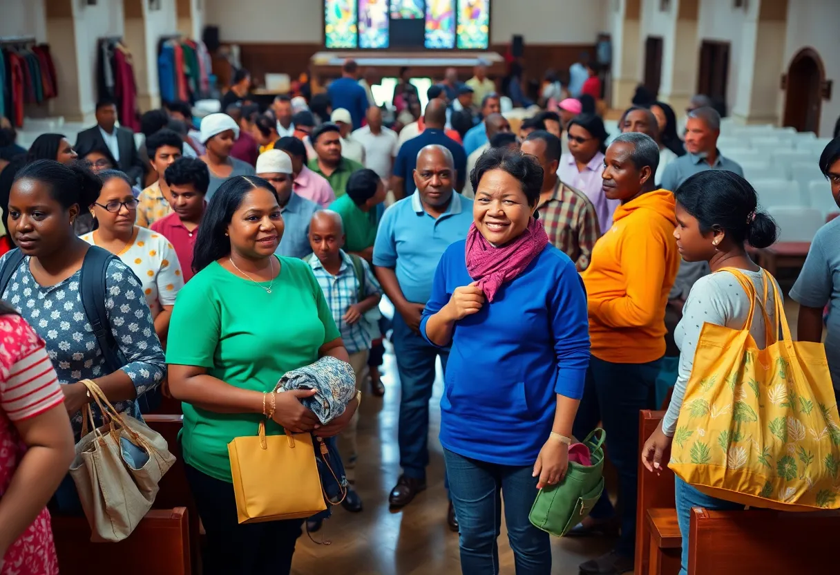 Families gathered at a church for a household goods giveaway.