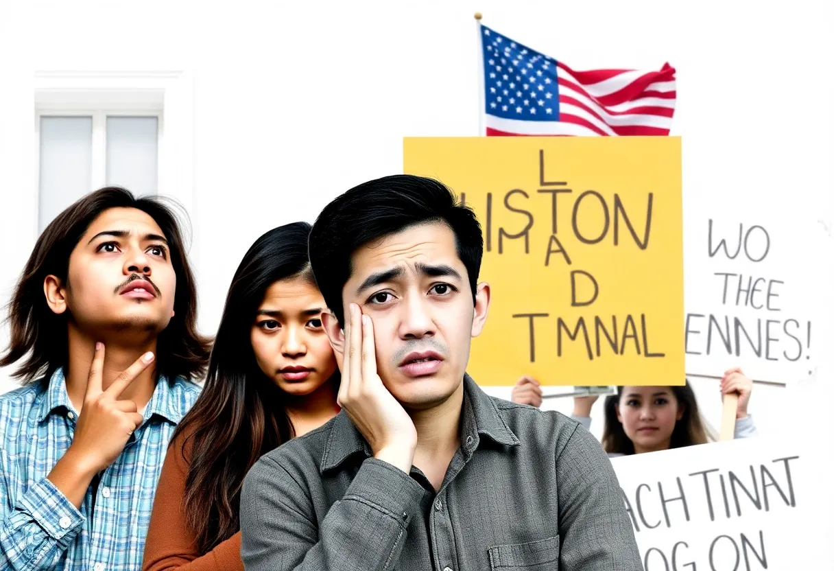 Protest against mass self-deportation emails, showing concerned individuals and law office setting.