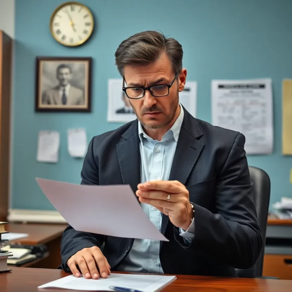 An immigration lawyer's office with law books and a worried lawyer.
