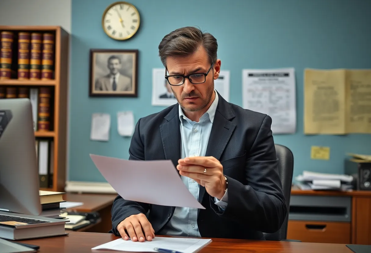 An immigration lawyer's office with law books and a worried lawyer.