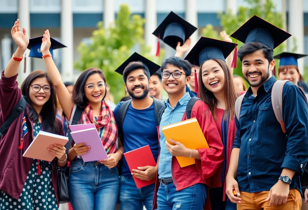 International students celebrating academic achievements and restored legal status on campus.