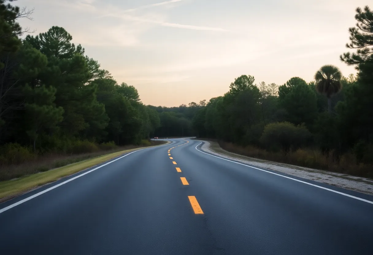 An empty road on Johns Island surrounded by trees, representing road safety.