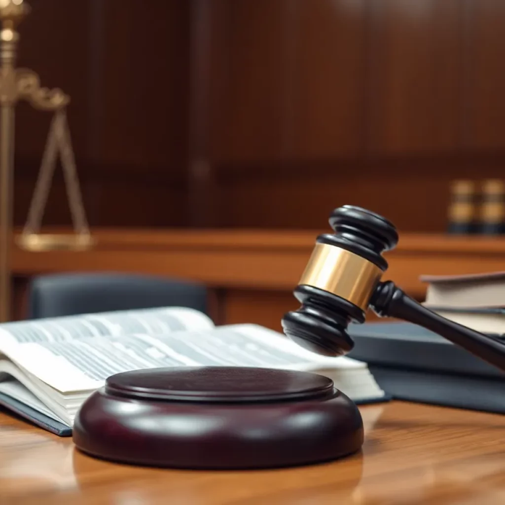A courtroom depicting legal proceedings related to talc product lawsuits.