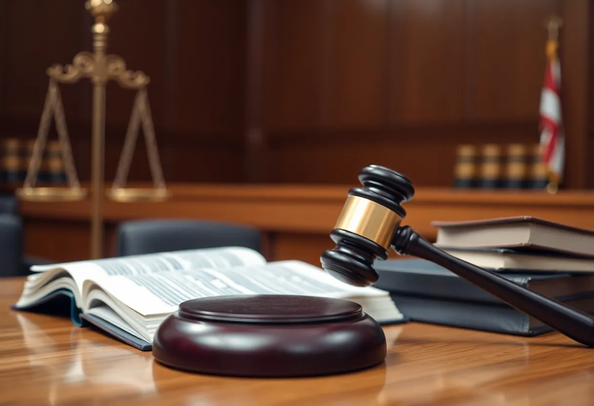 A courtroom depicting legal proceedings related to talc product lawsuits.