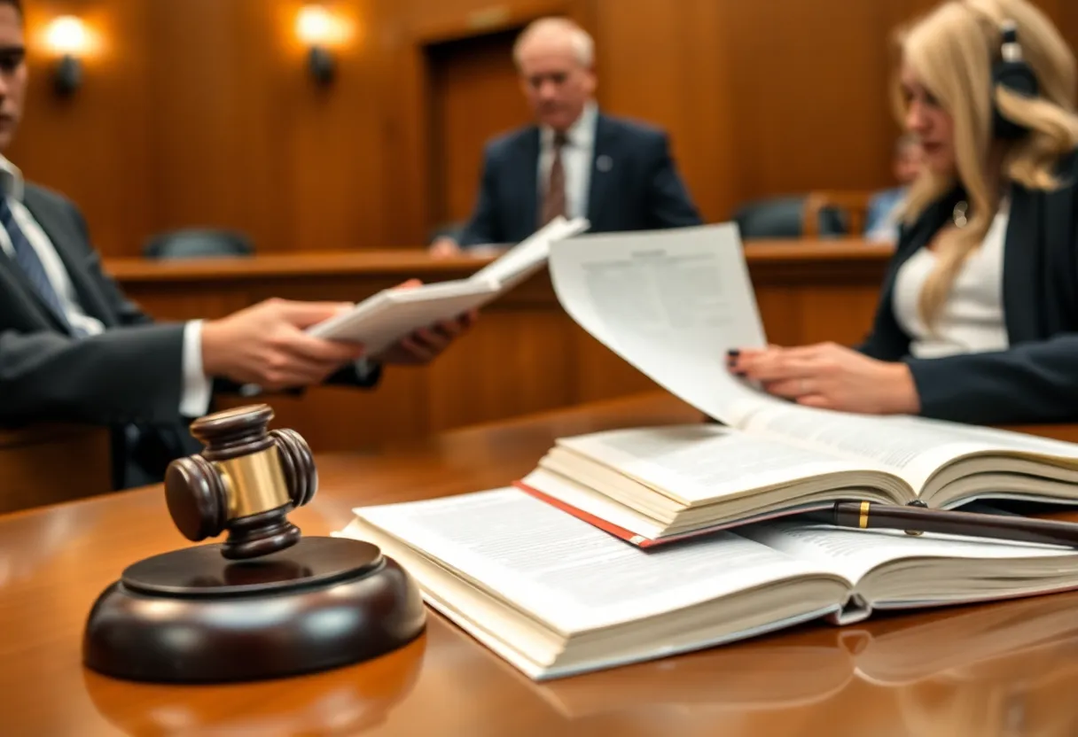 Lawyers discussing talcum powder lawsuits in court