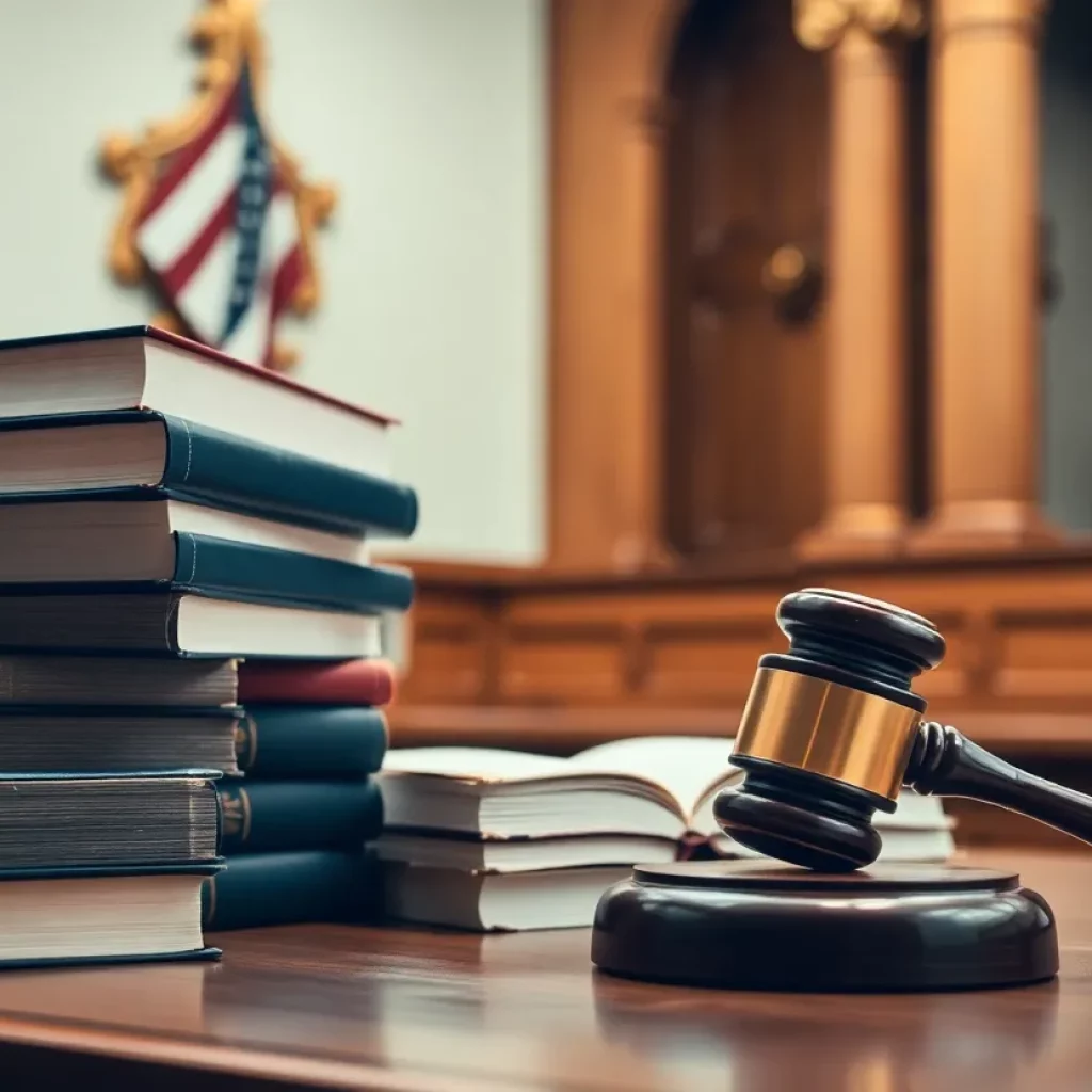 Courtroom with legal books and gavel symbolizing judicial independence