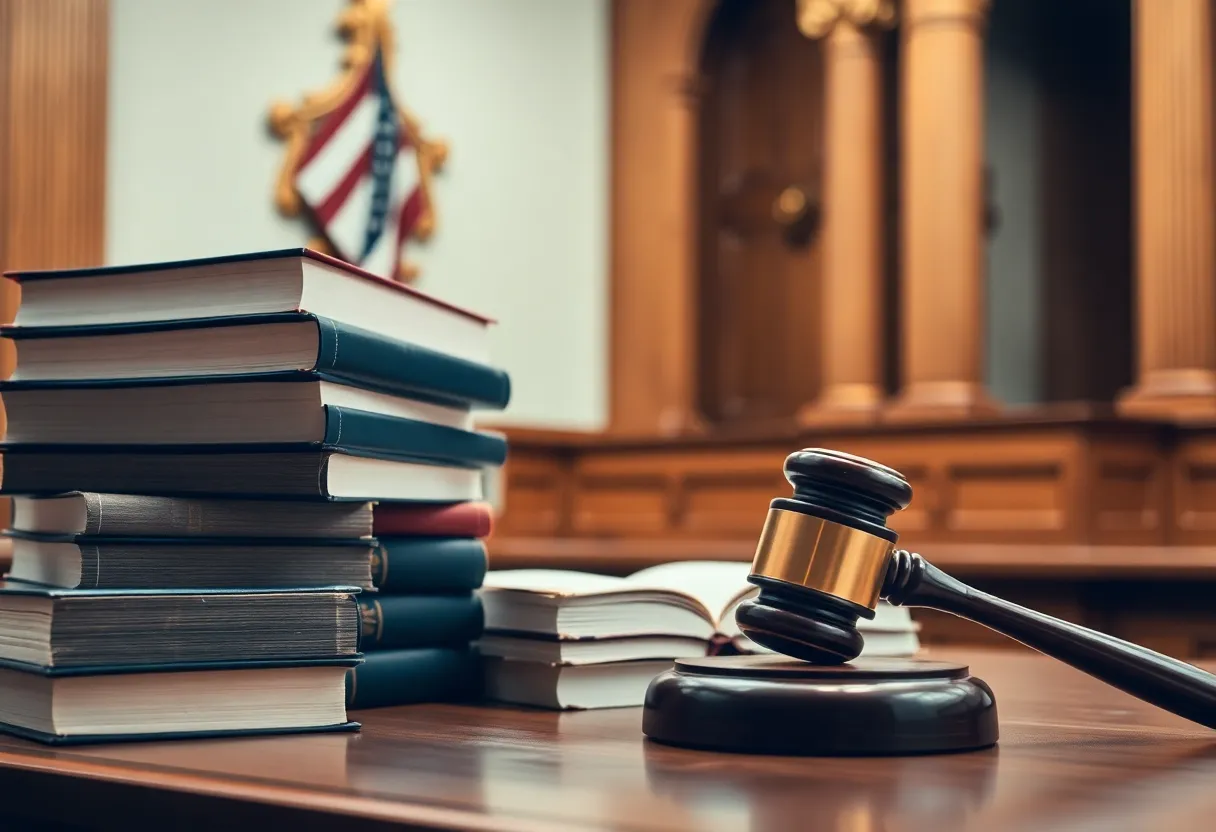 Courtroom with legal books and gavel symbolizing judicial independence