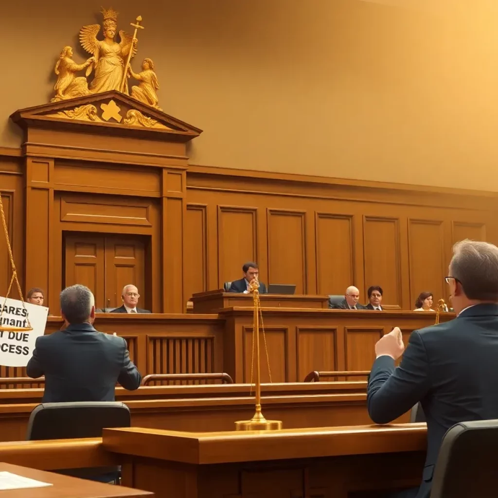 A representation of justice and immigrant rights in a courtroom setting