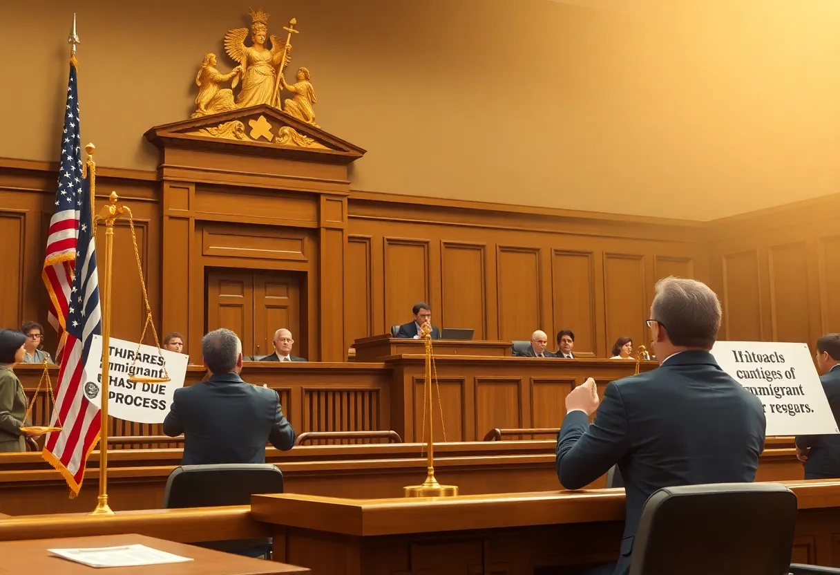 A representation of justice and immigrant rights in a courtroom setting