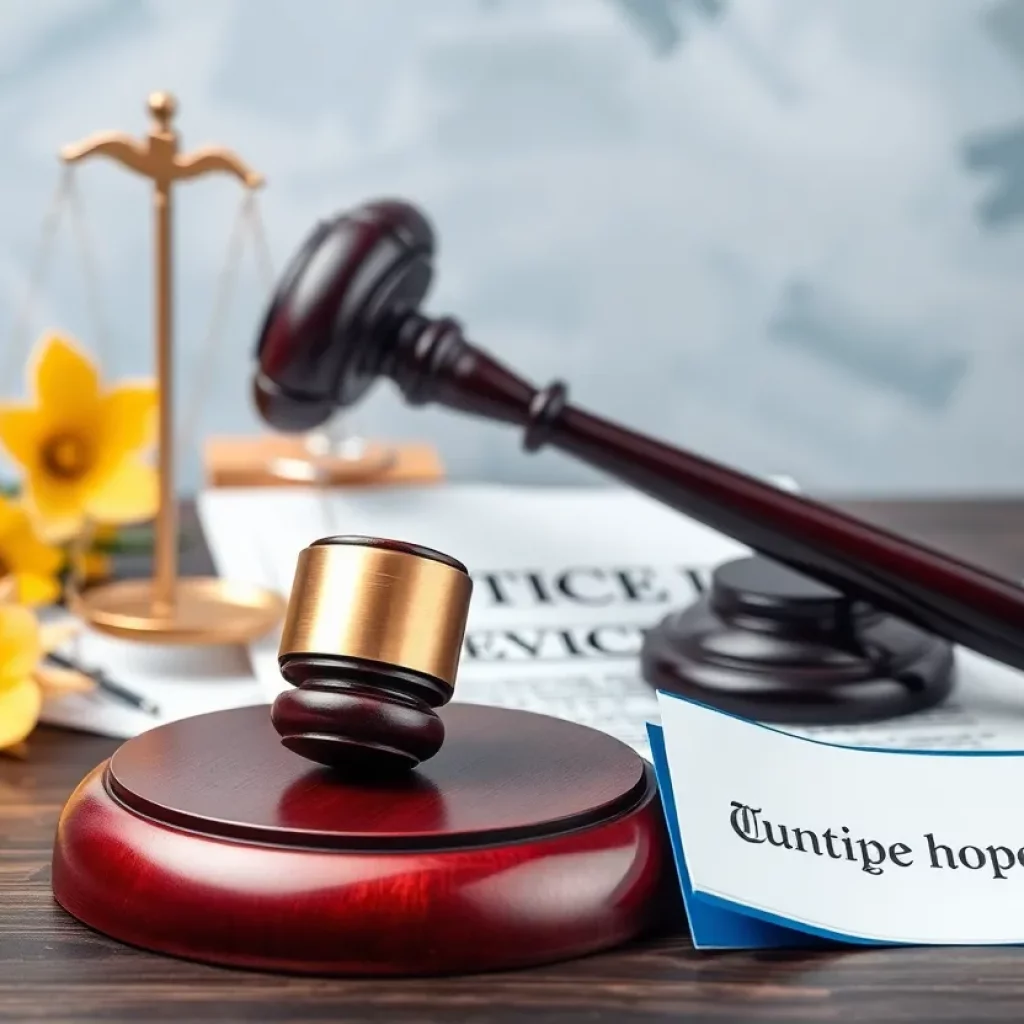 A representation of legal justice for mesothelioma victims with a gavel and documents.