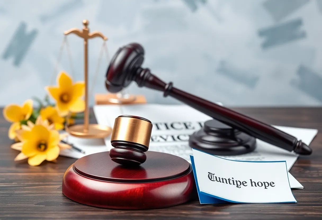 A representation of legal justice for mesothelioma victims with a gavel and documents.
