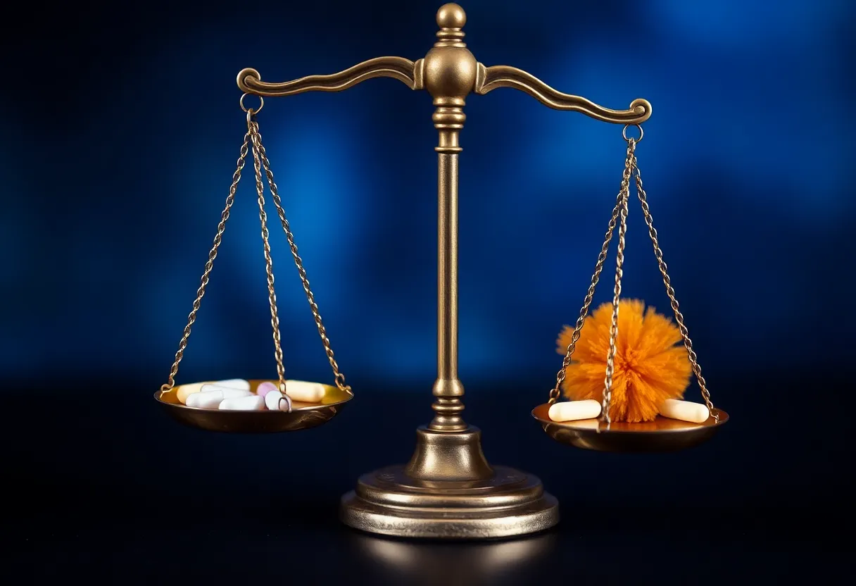Representation of justice and legal battles in the pharmaceutical industry
