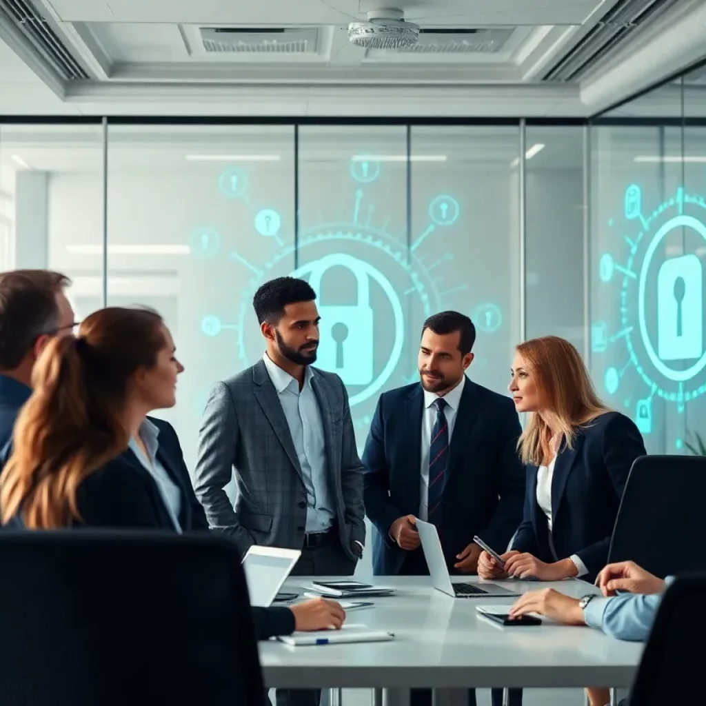 Team discussing information security strategies in a modern office.