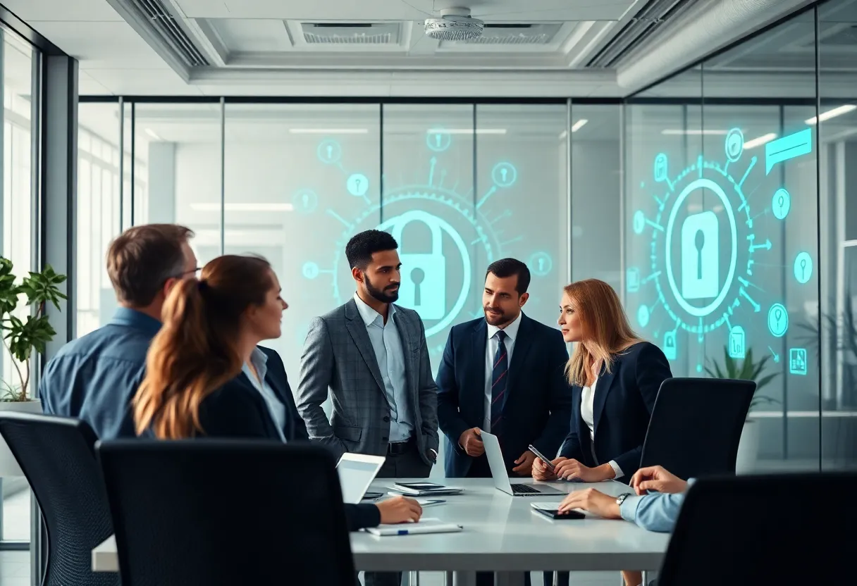 Team discussing information security strategies in a modern office.