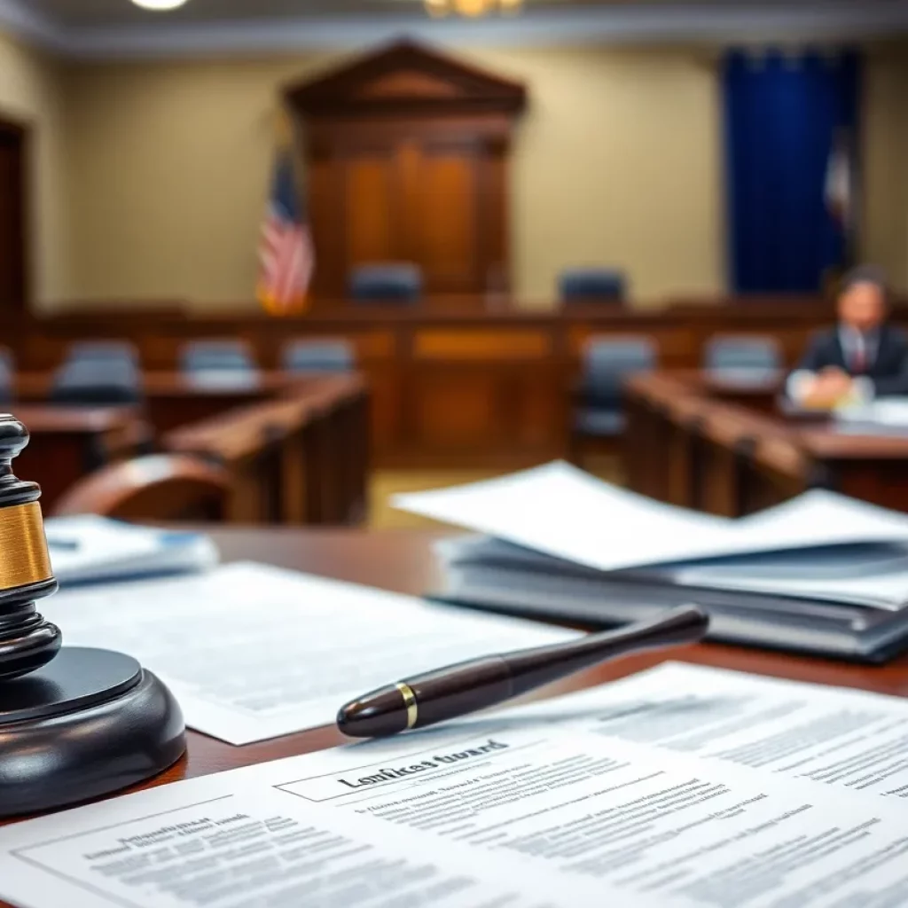 A law office with legal documents and gavel emphasizing justice.