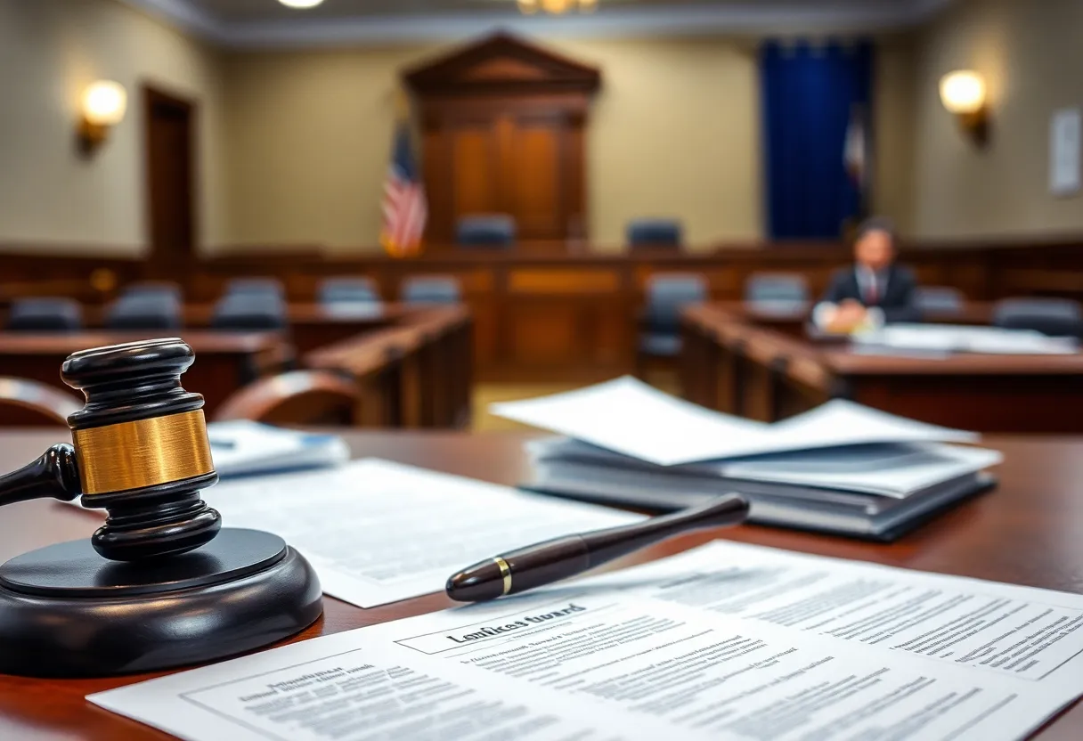 A law office with legal documents and gavel emphasizing justice.